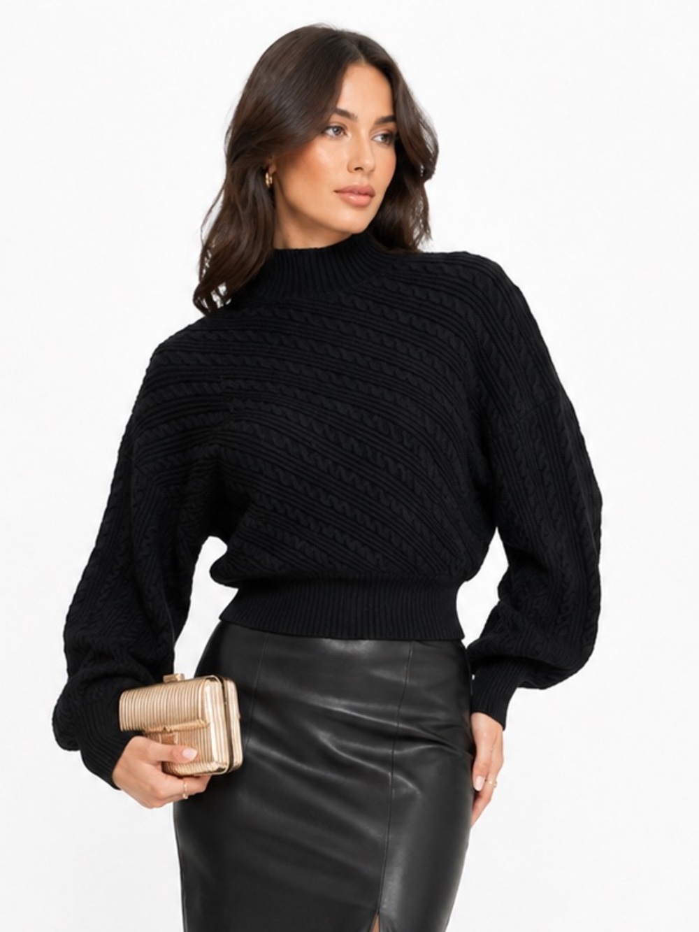 Truth Black Cable Knit Cropped Mock Neck Balloon Sleeve Sweater M Western Chic